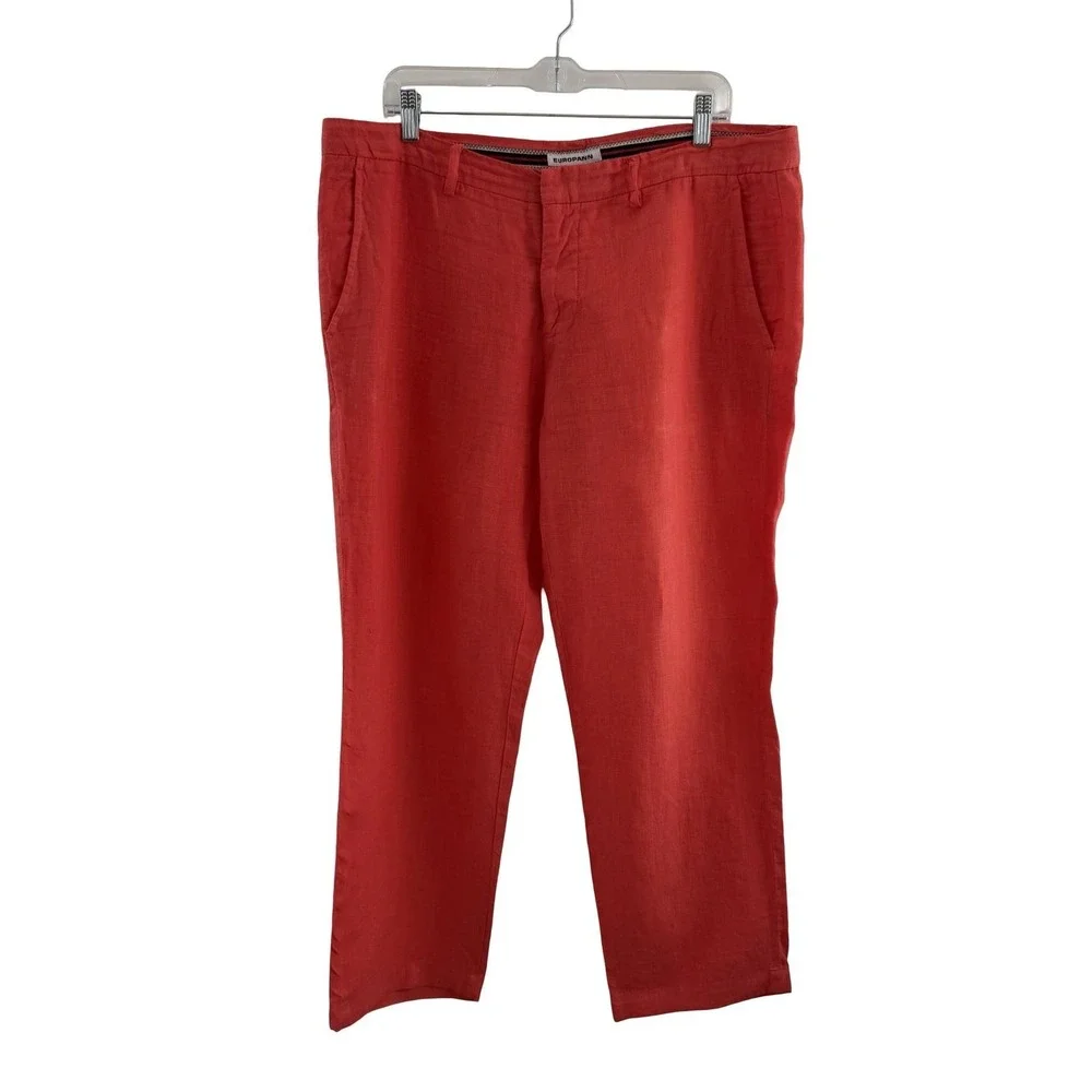 Europann Pants Mens Nantucket Red 40 x 28 100% Linen Chino Straight Lightweight
